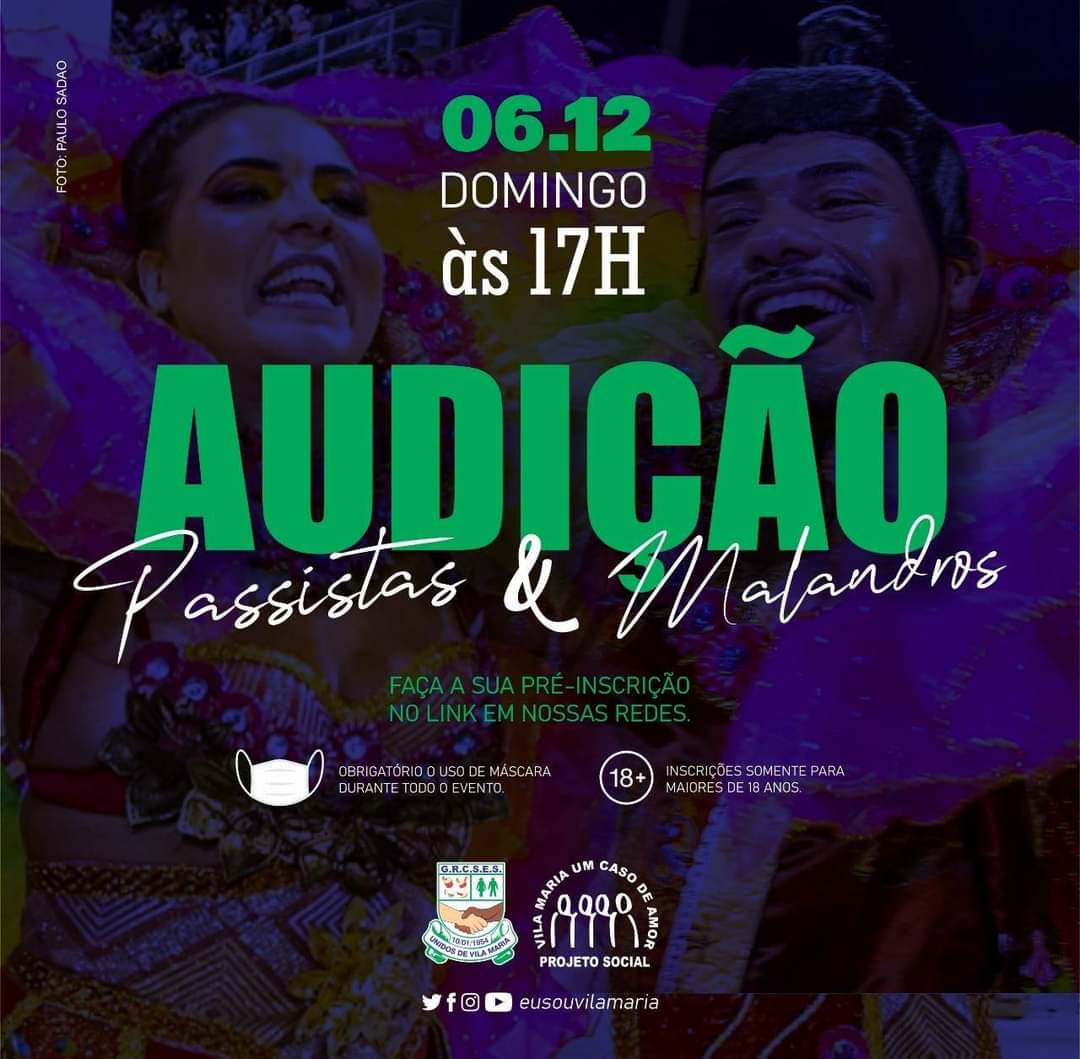 VILA MARIA ABRE AUDIÇÃO PARA PASSISTAS E MALANDROS DIA (06) DE DEZEMBRO EM SUA QUADRA DE ENSAIO